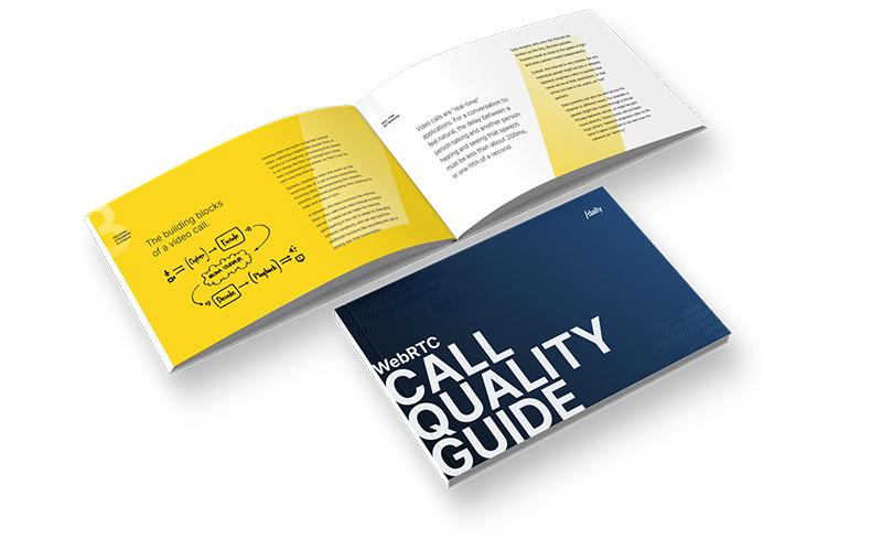 An open and a closed brochure lying on a flat surface. The open brochure has a yellow left page with diagrams and text annotations about video call setup, while the right page contains paragraphs of text. The cover of the closed brochure, in deep blue, features the title 'WebRTC Call Quality Guide' in large white letters.