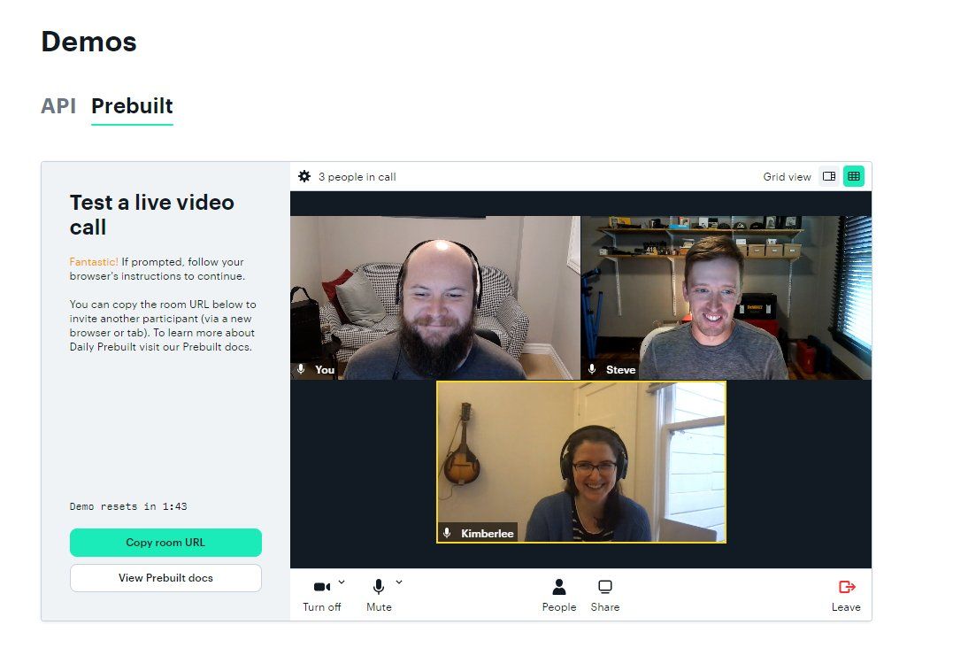 Three participants on a video call embedded in a website under a Demos section