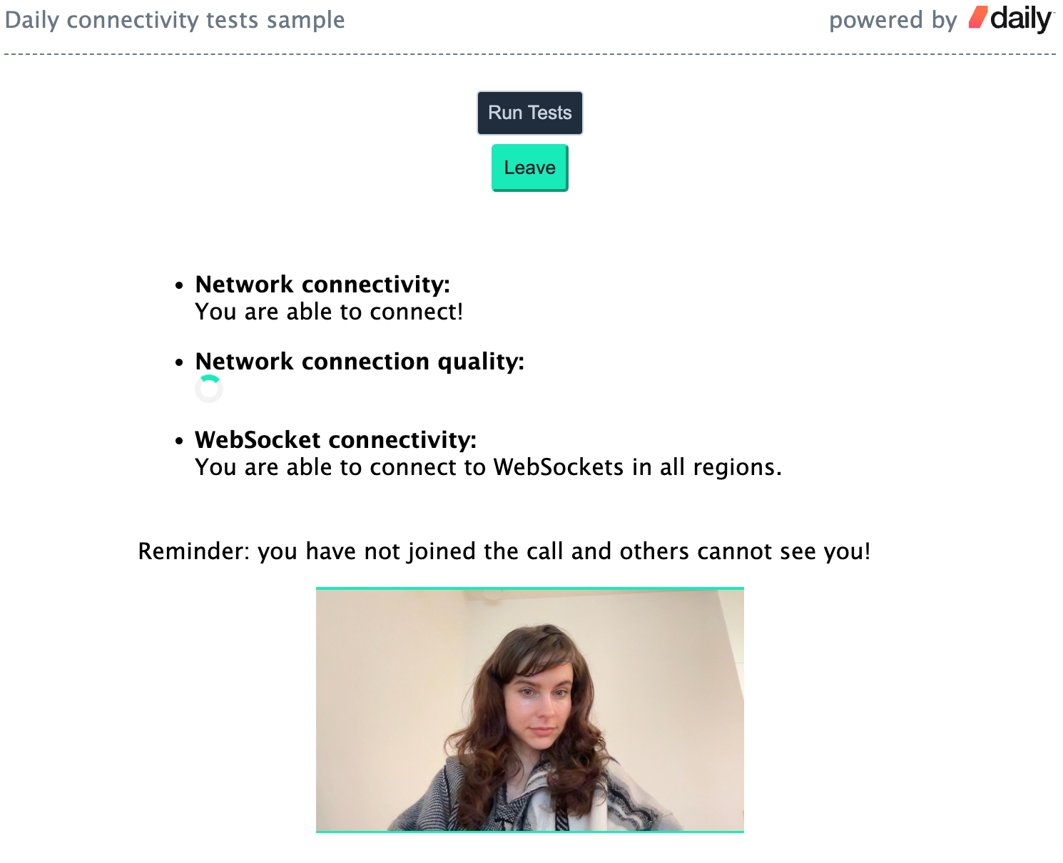 Network and connectivity tests running with the user's local video track being shown