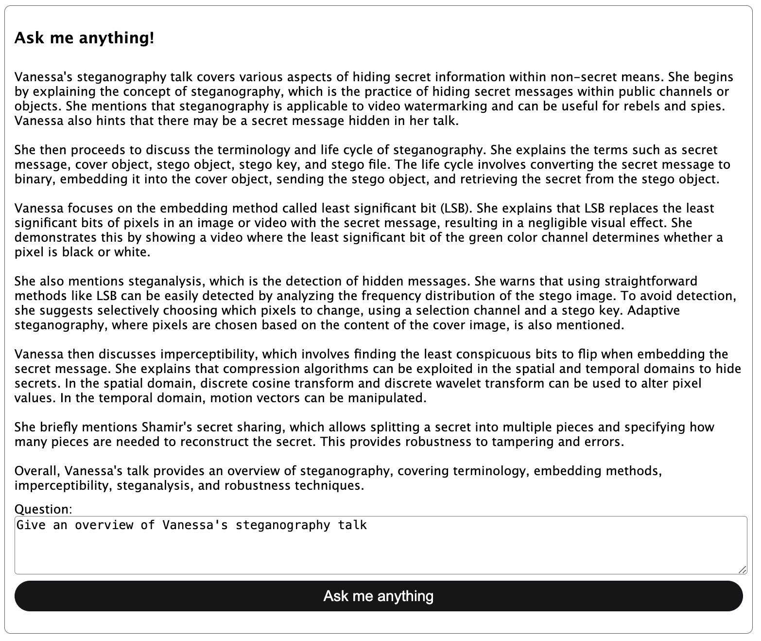 Screenshot of user asking for an overview of a teammate's steganography talk, and the associated response.