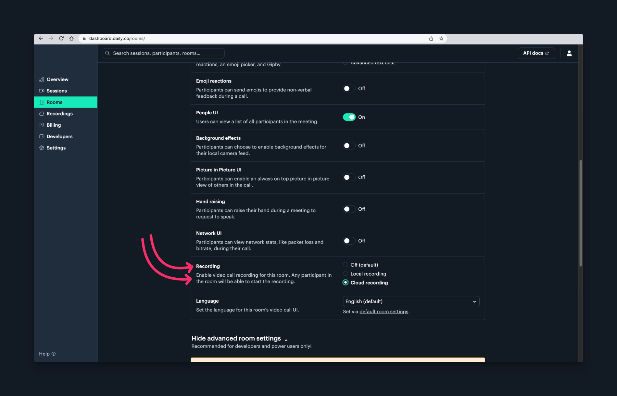 Daily room options with recording settings highlighted