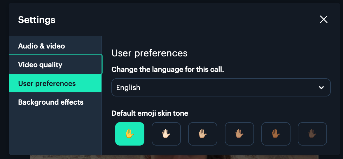 Settings dialog showing language selection and default emoji skin tone options