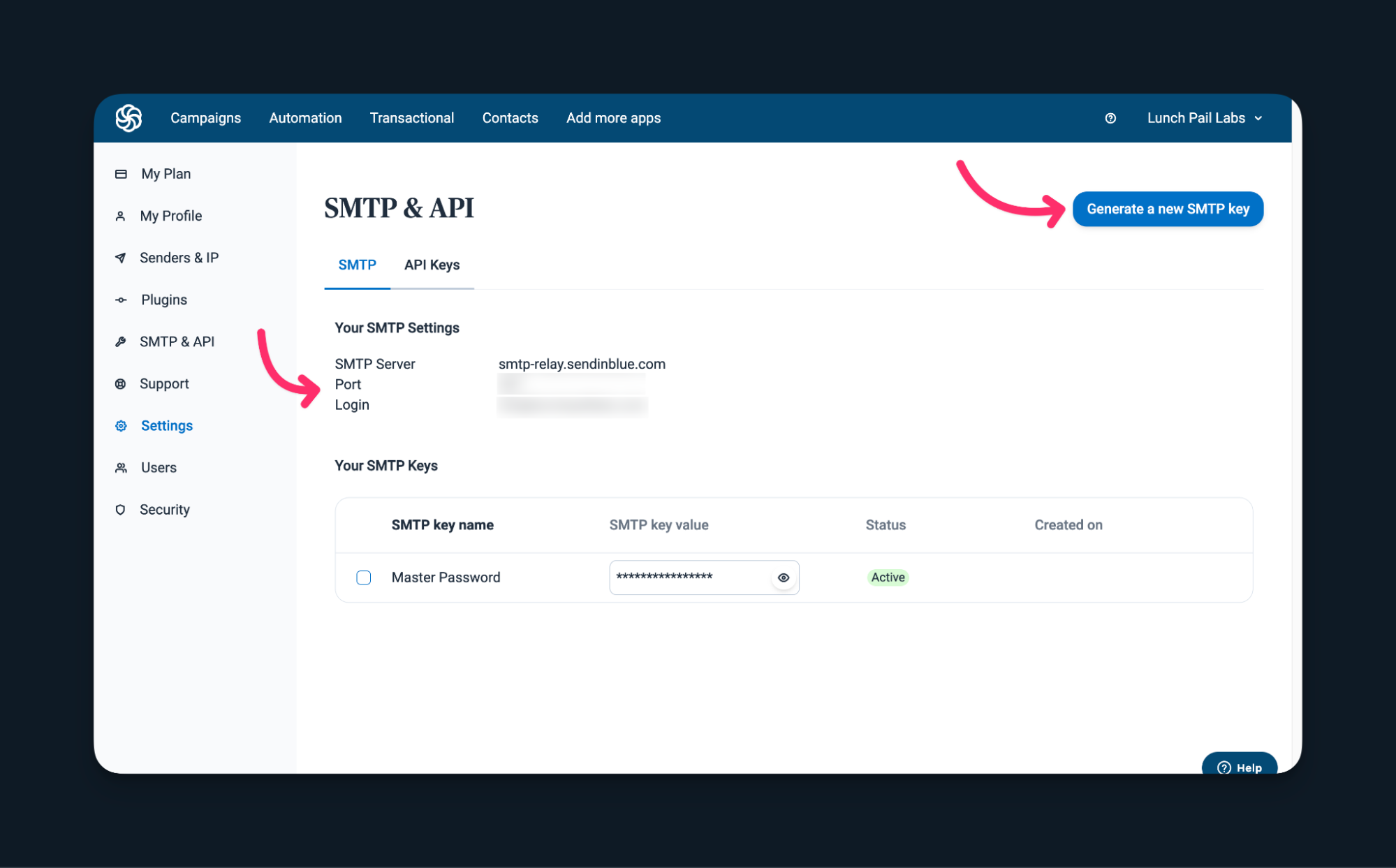 SMTP & API page on Sendinblue