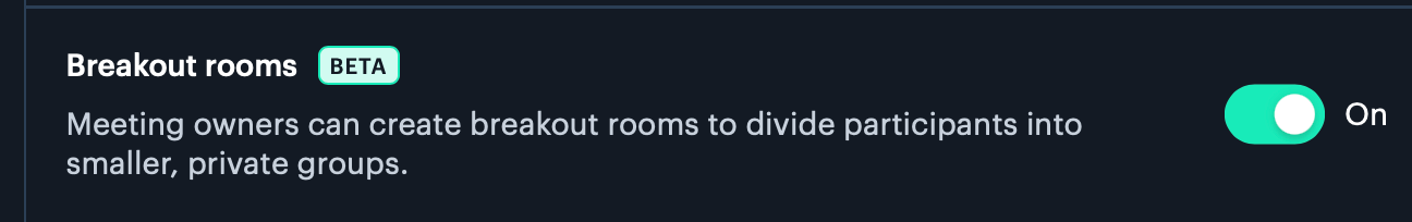 Screenshot of toggle button to enable breakout rooms for a Daily video call room