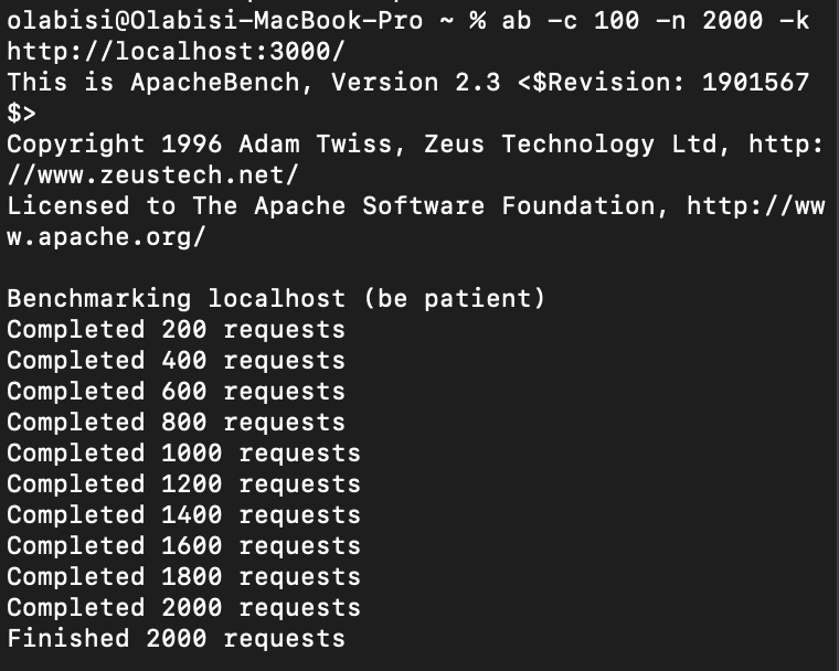 Terminal showing benchmark run finishing at 2000 requests without running out of memory